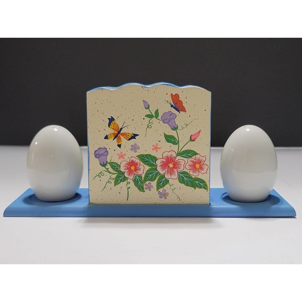 Vintage Otagiri Napkin Holder With Salt & Pepper Ceramic Eggs Shakers